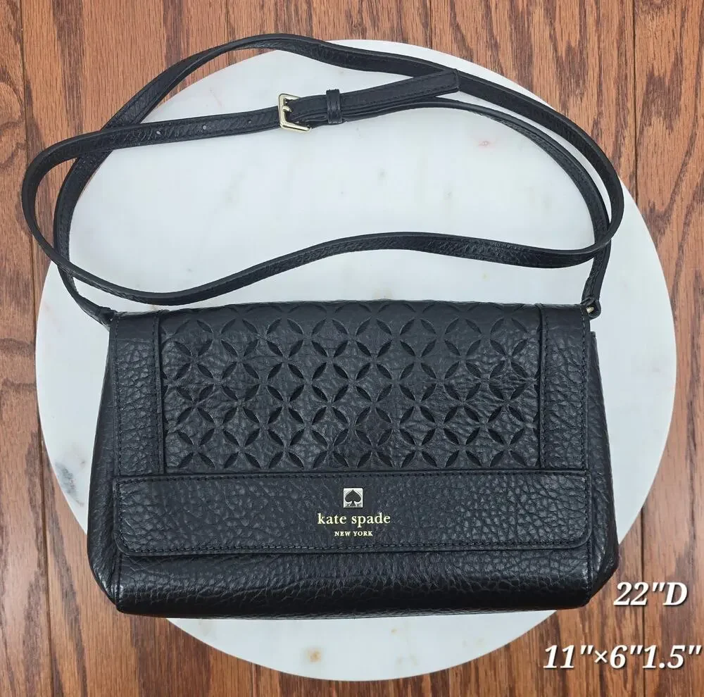 Kate Spade Classic Chic Perri‎ Lane Greer Black Leather Laser Cutout Crossbody